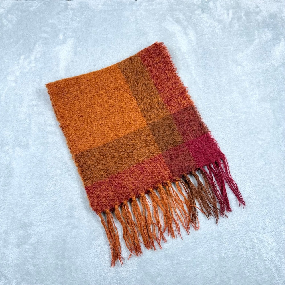 Vintage Donegal Design Mohair Wool Scarf Unisex Orange Plaid Handwoven Ireland